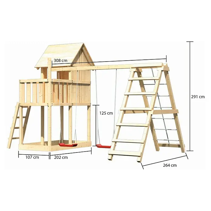 Karibu Kinderspielturm Frieda Set 5 - L x B x H: 264 x 415 x 291 cm, Natur - Abbildung eines Spielgerüsts aus Holz mit Schaukel und Klettergerüst mit Maßangaben.
