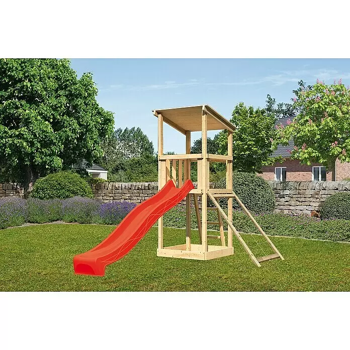 Karibu Kinderspielturm Anna Set 16 - L x B x H: 107 x 107 x 270 cm, Natur - Hölzerner Spielturm mit roter Rutsche, für den Spielspaß im Freien.