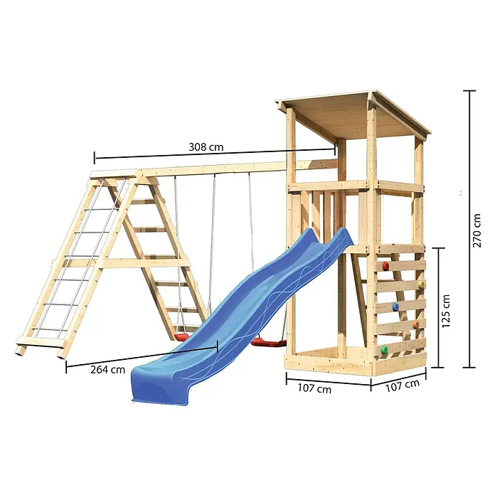 Karibu Kinderspielturm Anna Set 37 - L x B x H: 264 x 415 x 270 cm, Natur - Das Bild zeigt ein Kinderspielplatz-Set aus Holz mit Schaukel, Rutsche, Kletterwand und Leiter, inklusive Maßangaben in Zentimetern.