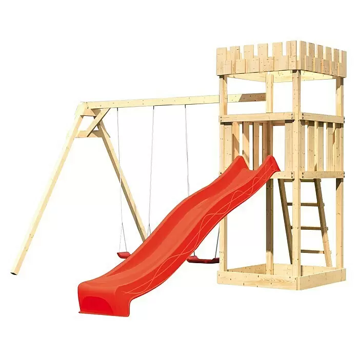 Karibu Kinderspielturm Ritterburg Löwenherz Set 10L x B x H: 264 x 347 x 259,5 cm, Natur/Rot