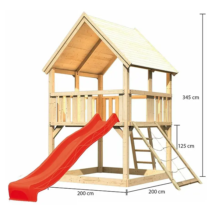 Karibu Kinderspielturm Luis Set 13 - L x B x H: 200 x 200 x 345 cm, Natur/Rot - Bild eines hölzernen Spielhauses mit Rutsche, Leiter und Seilnetz, umgeben von Maßen für Höhe, Länge und Breite.