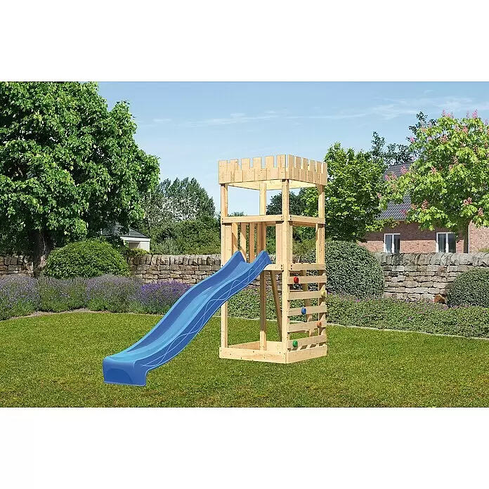 Karibu Kinderspielturm Ritterburg Löwenherz Set 17 - L x B x H: 107 x 107 x 259,5 cm, Natur/Blau - Holzspielturm mit blauer Rutsche und Klettergriffen.