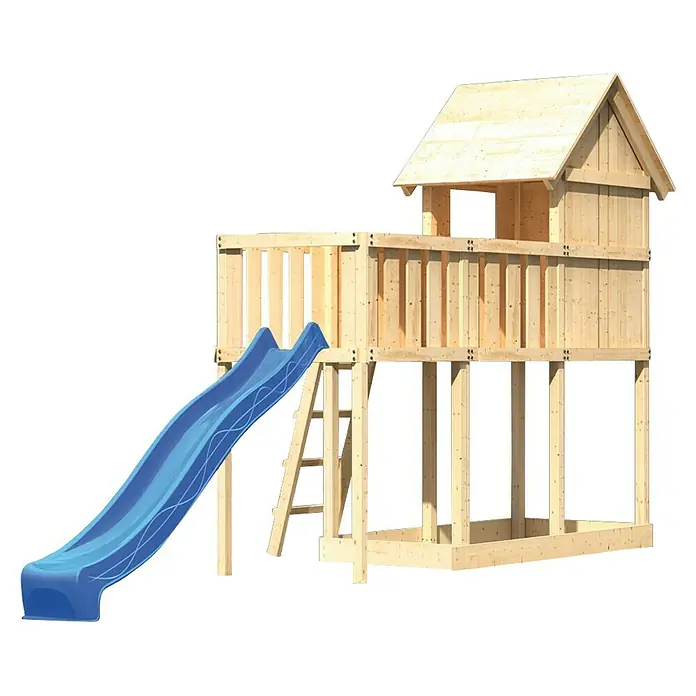 Karibu Kinderspielturm Frieda Set 13 - L x B x H: 107 x 309 x 291 cm, Natur - Detailaufnahme eines Holzspielhauses mit Rutsche, das für Spiel und Spaß im Garten konzipiert ist. Das Spielhaus bietet Kindern einen sicheren Ort zum Spielen.