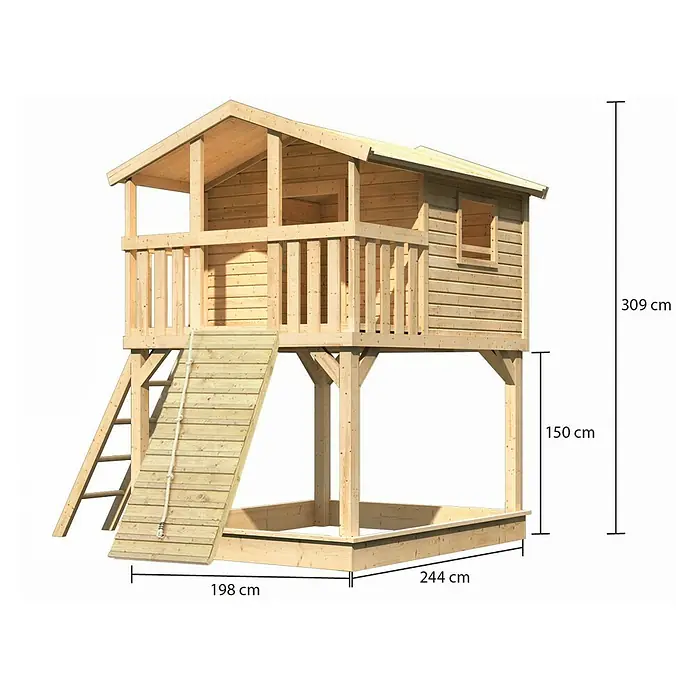 Karibu Spielhaus - L x B x H: 244 cm x 198 mm x 309 cm, Holz, Natur - Ein hölzernes Spielhaus mit Rutsche und Sandkasten. Die Maße des Spielhauses sind auf dem Bild angegeben.