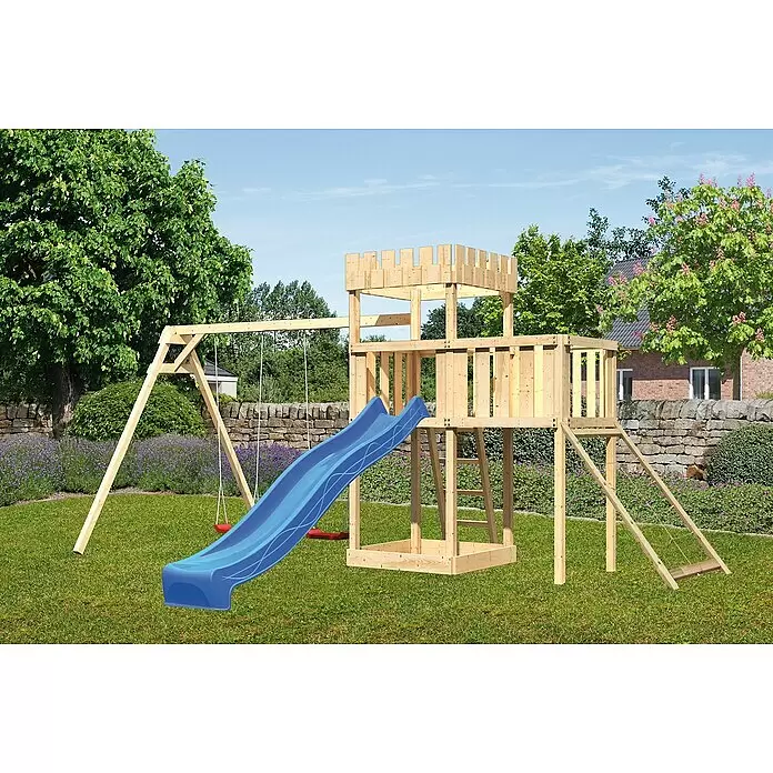 Karibu Kinderspielturm Ritterburg Löwenherz Set 47 - L x B x H: 264 x 454 x 259,5 cm, Natur/Blau - Großes Holzspielgerät mit Burgturm, blauer Rutsche, roter Schaukel und Kletterleiter.