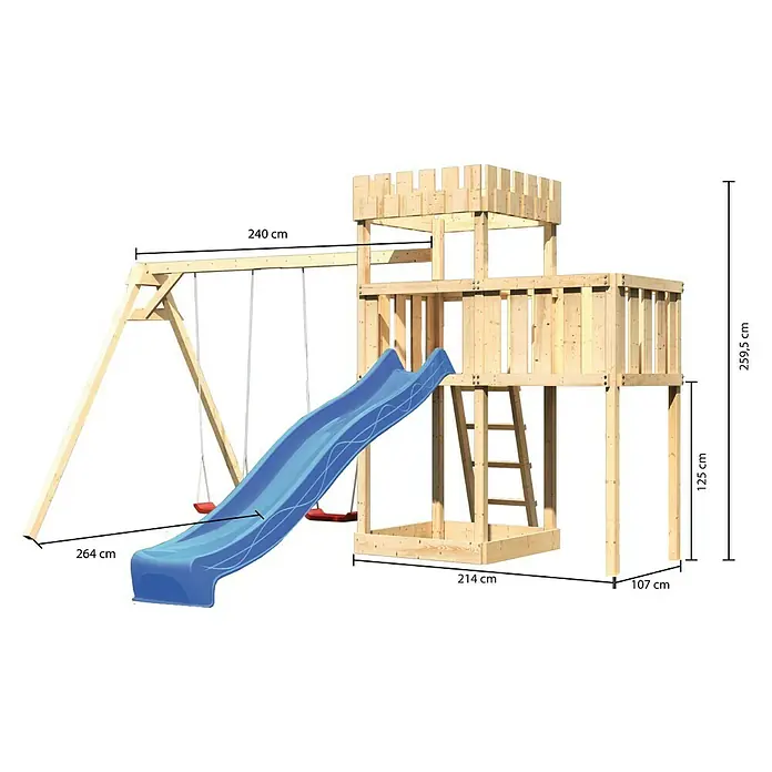 Karibu Kinderspielturm Ritterburg Löwenherz Set 27 - L x B x H: 264 x 454 x 259,5 cm, Natur/Blau - Spielturm mit Schaukel und Rutsche. Ideal für Kinder zum Spielen und Austoben im Garten. Inklusive aller Maße.