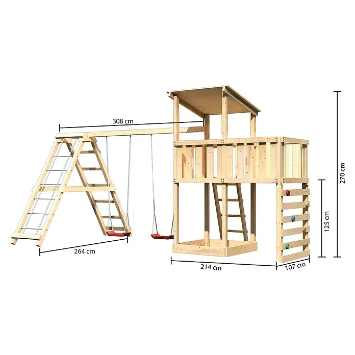 Karibu Kinderspielturm Anna Set 46 - L x B x H: 264 x 522 x 270 cm, Natur - Abbildung eines Spielturms aus Holz mit Schaukel, Kletterwand und Leiter, der mit seinen Maßen von 270 cm Höhe und 308 cm Breite ideal für den Garten ist.