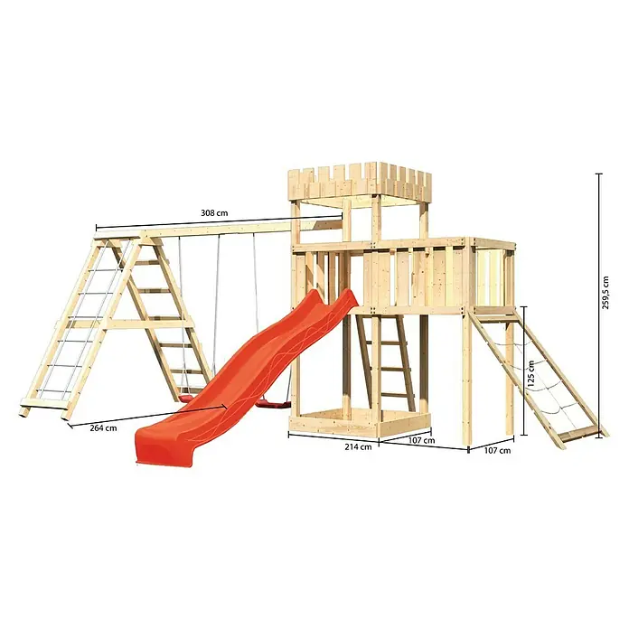 Karibu Kinderspielturm Ritterburg Löwenherz Set 50 - L x B x H: 264 x 522 x 259,5 cm, Natur/Rot - Abenteuerlicher Spielturm mit Rutsche, Schaukel und Kletterleiter für stundenlangen Spaß im Garten.