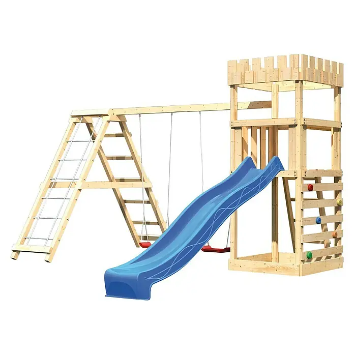 Karibu Kinderspielturm Ritterburg Löwenherz Set 37 - L x B x H: 264 x 415 x 259,5 cm, Natur/Blau - Holzspielplatz mit Turm, Rutsche und Schaukel für Kinder zum Spielen im Freien.