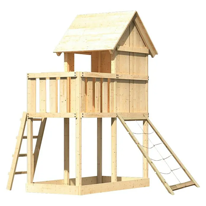 Karibu Kinderspielturm Frieda Set 7 - L x B x H: 202 x 107 x 291 cm, Natur - Holzspielhaus mit Leiter und Kletternetz. Ideal für den Garten, bietet es Kindern stundenlangen Spielspaß im Freien.