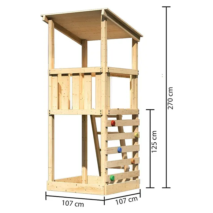 Karibu Kinderspielturm Anna Set 8 - L x B x H: 107 x 107 x 270 cm, Natur - Das Foto zeigt ein hölzernes Kinderspielhaus mit Kletterwand. Die Abmessungen sind in Zentimetern angegeben.