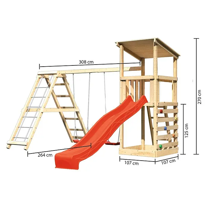 Karibu Kinderspielturm Anna Set 38 - L x B x H: 264 x 415 x 270 cm, Natur - Abmessungen des Spielturms aus Holz mit Rutsche, Schaukel und Kletterwand für Kinder zum Spielen im Freien.