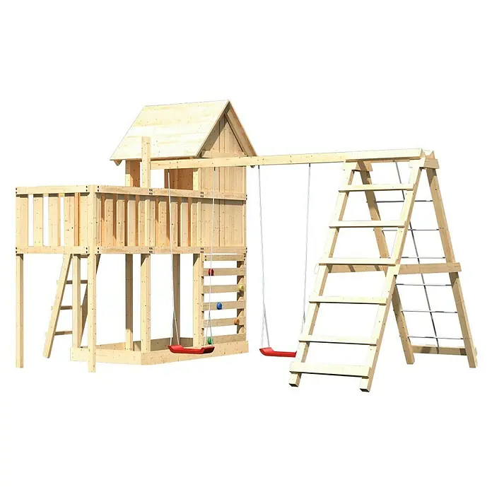 Karibu Kinderspielturm Frieda Set 46 - L x B x H: 309 x 415 x 291 cm, Natur - Spielplatzgerät aus Holz mit Rutsche, Schaukeln und Kletterwand für Kinder zum Spielen im Garten.