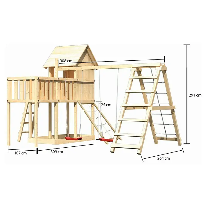 Karibu Kinderspielturm Frieda Set 44 - L x B x H: 309 x 415 x 291 cm, Natur - Abmessungen des Holzspielhauses mit Schaukel und Kletterleiter. Die Gesamthöhe beträgt 291 cm und die Breite 308 cm.