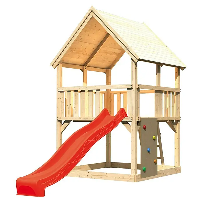 Karibu Kinderspielturm Luis Set 15 - L x B x H: 200 x 200 x 345 cm, Natur/Rot - Zweistöckiges Holzspielhaus mit Rutsche und Kletterwand, ideal für Kinder zum Spielen im Freien.