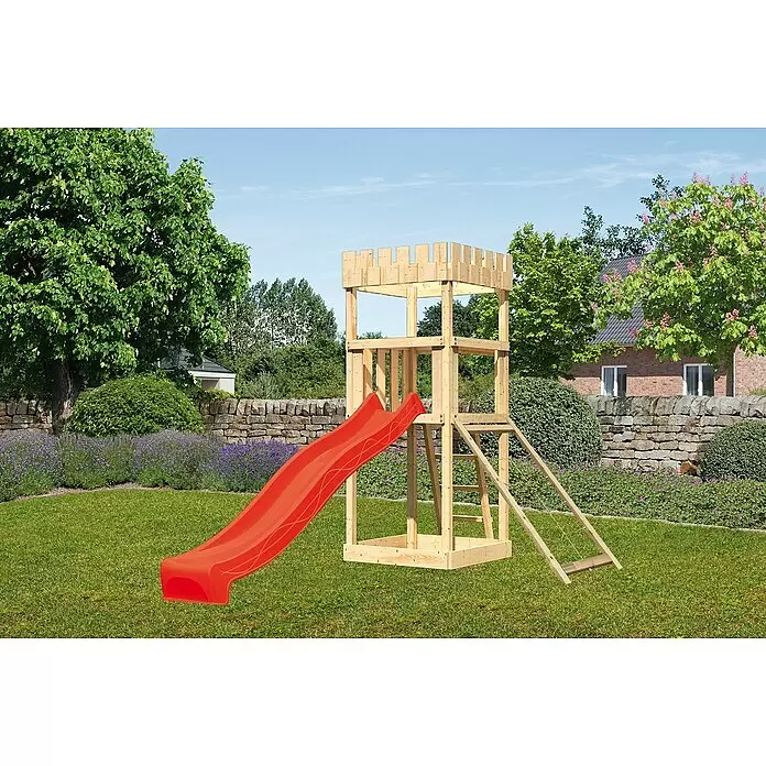 Karibu Kinderspielturm Ritterburg Löwenherz Set 16 - L x B x H: 107 x 107 x 259,5 cm, Natur/Rot - Hölzerner Spielturm mit roter Rutsche für Kinder.