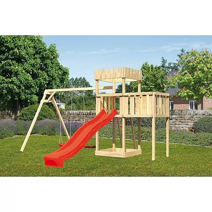 Karibu Kinderspielturm Ritterburg Löwenherz Set 28 - L x B x H: 264 x 454 x 259,5 cm, Natur/Rot - Hölzernes Spielturm-Set mit roter Rutsche und Schaukeln, einem Turm mit Zinnen.