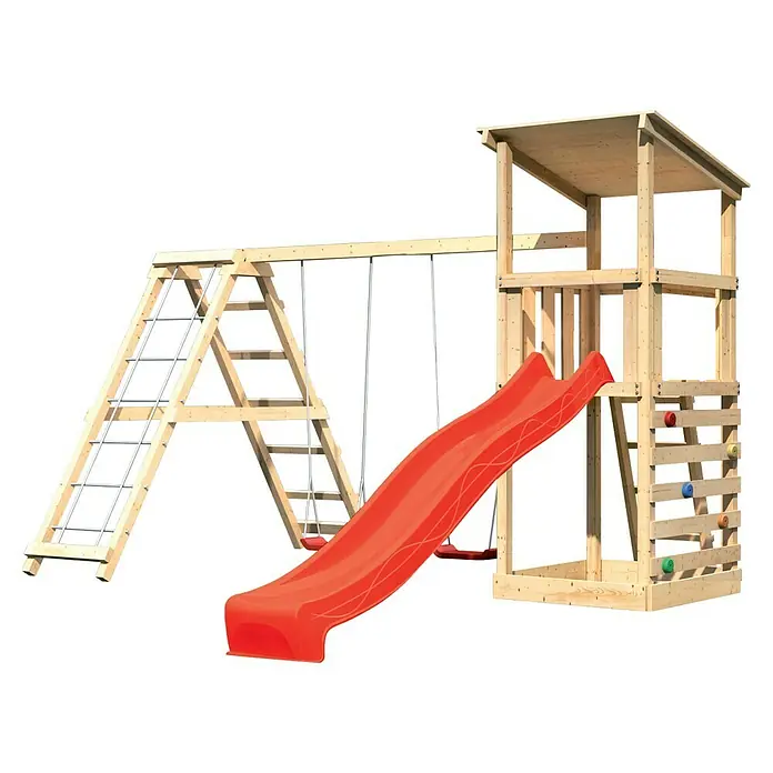 Karibu Kinderspielturm Anna Set 38 - L x B x H: 264 x 415 x 270 cm, Natur - Ein hölzernes Spielhaus mit Rutsche, Schaukel und Kletterwand bietet Kindern vielfältige Spielmöglichkeiten im Garten.