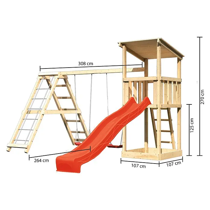 Karibu Kinderspielturm Anna Set 12 - L x B x H: 264 x 415 x 270 cm, Natur - Spielturm mit Schaukel und Rutsche. Das Spielgerät hat die Maße 308 cm x 264 cm x 107 cm und eine Höhe von 270 cm.