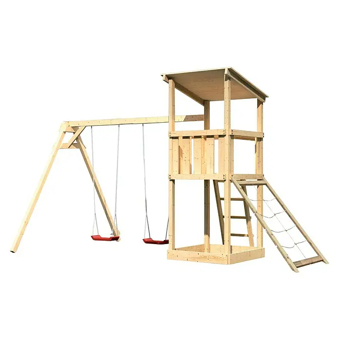 Karibu Kinderspielturm Anna Set 21 - L x B x H: 264 x 347 x 270 cm, Natur - Hölzerner Spielturm mit Schaukelgerüst, Kletterwand und überdachtem Spielhaus für Kinder zum Spielen im Garten.