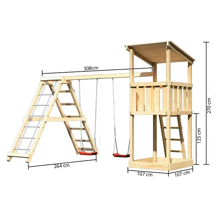 Karibu Kinderspielturm Anna Set 5 - L x B x H: 264 x 415 x 270 cm, Natur - Hölzerner Kinderspielturm mit Schaukel und Leiter, inklusive Größenangaben.
