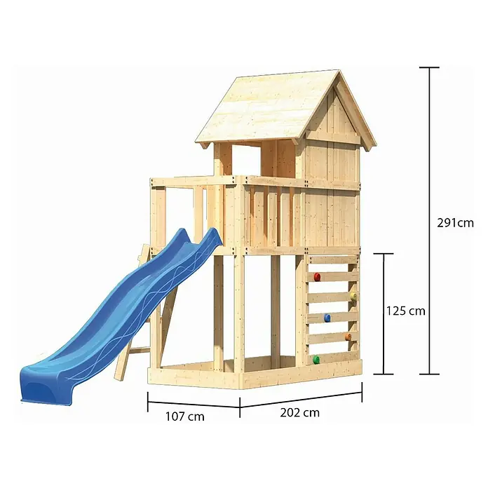 Karibu Kinderspielturm Frieda Set 17 - L x B x H: 202 x 107 x 291 cm, Natur - Bild eines Spielhauses aus Holz mit Rutsche, Kletterwand und den Maßen 291x107x202 cm.