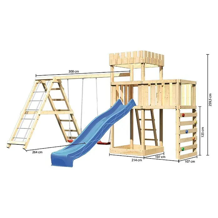 Karibu Kinderspielturm Ritterburg Löwenherz Set 53 - L x B x H: 264 x 522 x 259,5 cm, Natur/Blau - Abenteuerlicher Spielturm aus Holz mit Rutsche, Schaukel und Kletterwand für unvergesslichen Spielspaß im Garten.
