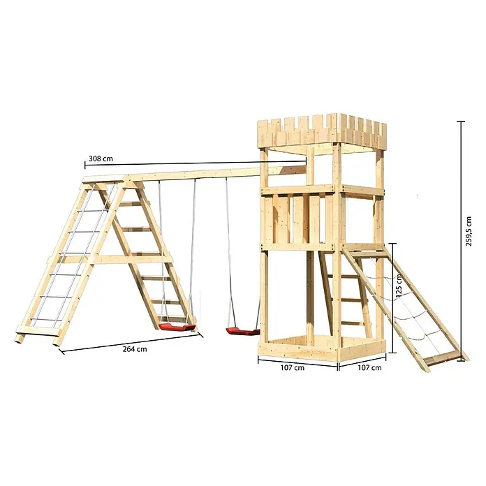 Karibu Kinderspielturm Ritterburg Löwenherz Set 22 - L x B x H: 264 x 415 x 259,5 cm, Natur - Abmessungen des Holzspielplatzes mit Turm, Schaukel und Kletterwand. Der Spielplatz ist aus hellem Holz gefertigt.