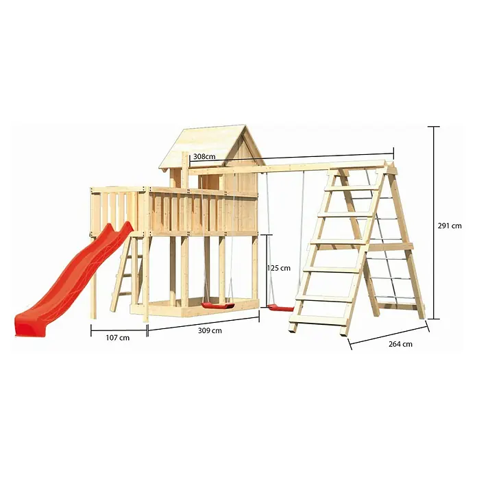 Karibu Kinderspielturm Frieda Set 30 - L x B x H: 309 x 415 x 291 cm, Natur - Abbildung eines Spielturms mit Rutsche, Schaukeln und Klettergerüst, inklusive Maßangaben für die Planung.