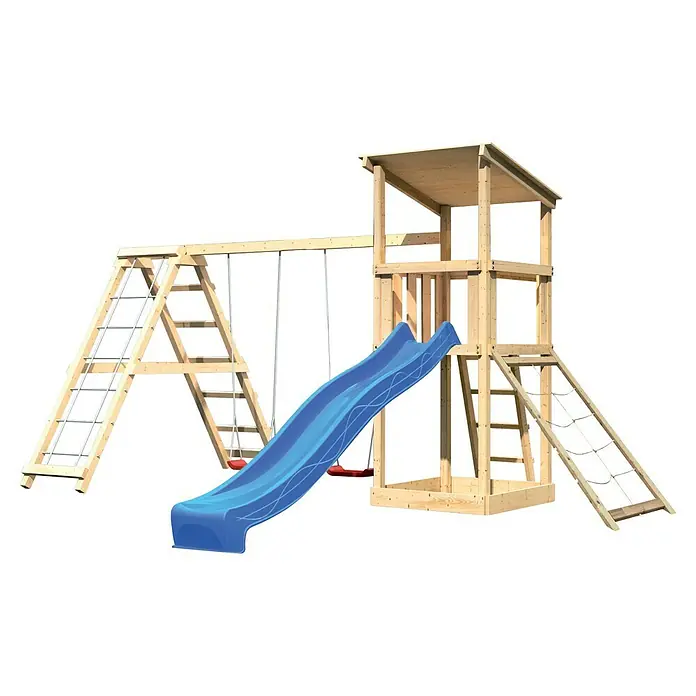 Karibu Kinderspielturm Anna Set 33 - L x B x H: 264 x 415 x 270 cm, Natur - Holzspielplatz mit Rutsche, Schaukel und Kletterturm für stundenlangen Spaß im Garten.