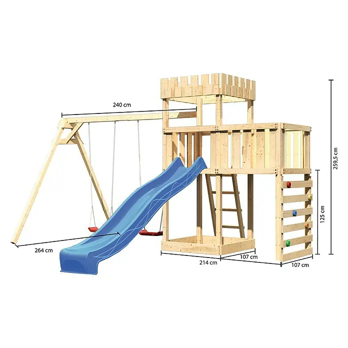 Karibu Kinderspielturm Ritterburg Löwenherz Set 51 - L x B x H: 264 x 254 x 259,5 cm, Natur/Blau - Abbildung eines Spielturms aus Holz mit Rutsche, Schaukel und Kletterwand mit Maßangaben für die Produktbeschreibung.