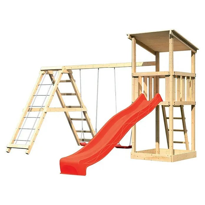 Karibu Kinderspielturm Anna Set 12 - L x B x H: 264 x 415 x 270 cm, Natur - Kinderspielplatz mit Rutsche, Schaukel und Kletterturm aus Holz für den Garten.