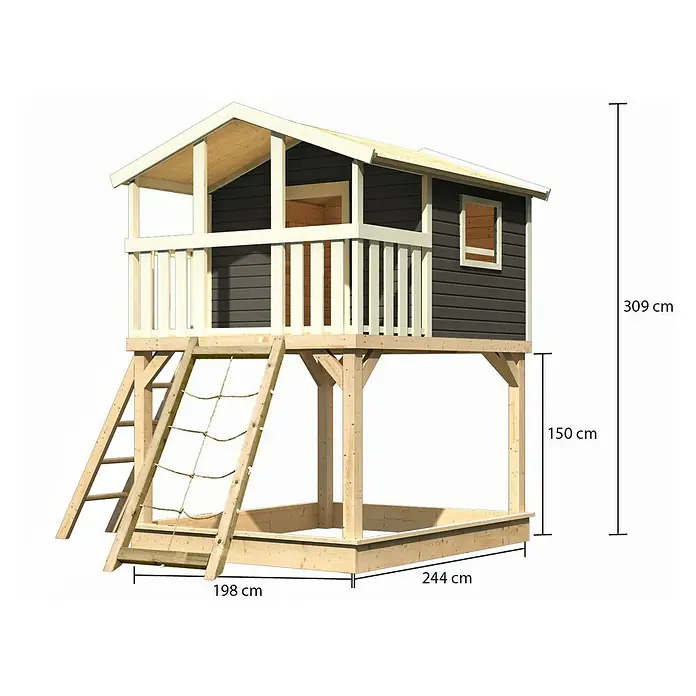 Karibu Spielhaus - L x B x H: 244 cm x 198 mm x 309 cm, Holz, Terragrau - Bild eines erhöhten Spielhauses aus Holz mit Sandkasten darunter, mit den Maßen 309 cm Höhe, 244 cm Breite und 198 cm Tiefe.