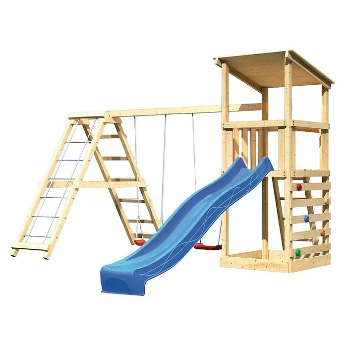 Karibu Kinderspielturm Anna Set 37 - L x B x H: 264 x 415 x 270 cm, Natur - Abenteuerlicher Spielplatz mit Rutsche, Schaukel und Kletterwand für stundenlangen Spaß im Freien. Perfekt für aktive Kinder.