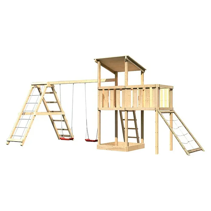 Karibu Kinderspielturm Anna Set 44 - L x B x H: 264 x 522 x 270 cm, Natur - Holzspielplatz mit Schaukeln, Kletterwand und Turm für Kinder zum Spielen im Garten.