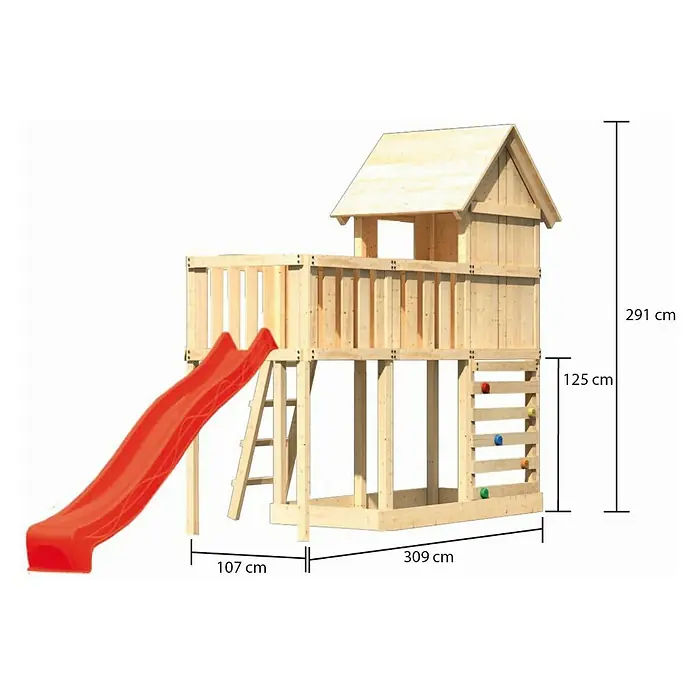 Karibu Kinderspielturm Frieda Set 42 - L x B x H: 107 x 309 x 291 cm, Natur - Abbildung eines Holzspielhauses mit roter Rutsche, Leiter und Kletterwand, das sich ideal für den Garten eignet.