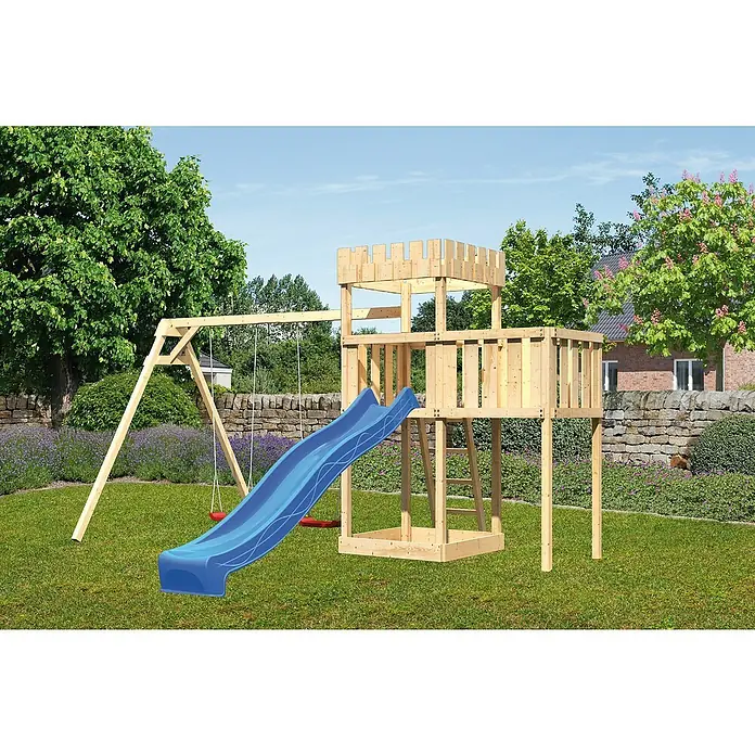 Karibu Kinderspielturm Ritterburg Löwenherz Set 27 - L x B x H: 264 x 454 x 259,5 cm, Natur/Blau - Holzspielplatz mit Turm, Rutsche und Schaukel für stundenlangen Spielspaß im Garten. Ideal für aktive Kinder.