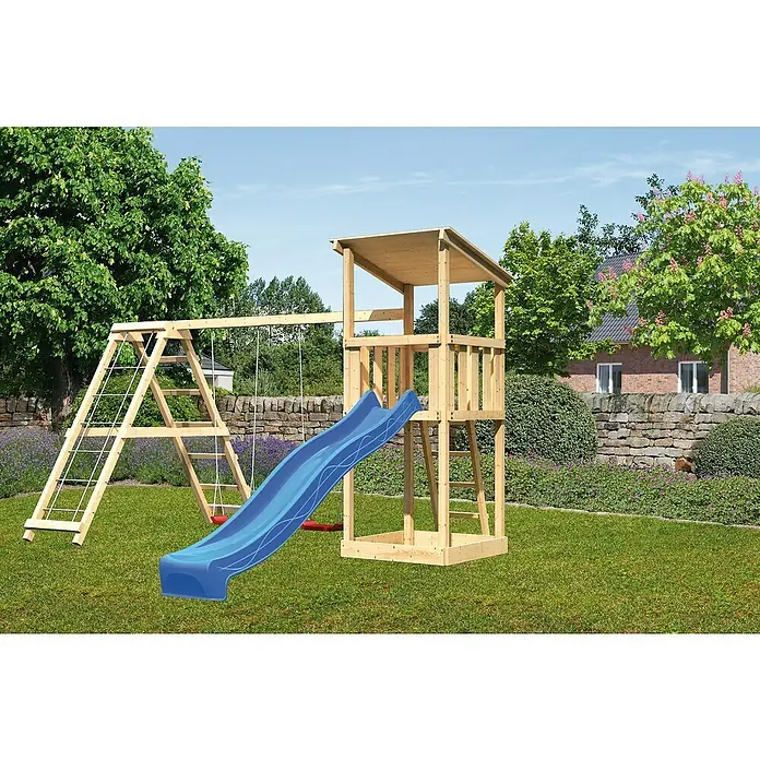 Karibu Kinderspielturm Anna Set 11L x B x H: 264 x 415 x 270 cm, Natur - Holzspielplatz mit Schaukel, Rutsche und Spielturm im Garten, ideal für Kinder zum Spielen und Austoben im Freien.