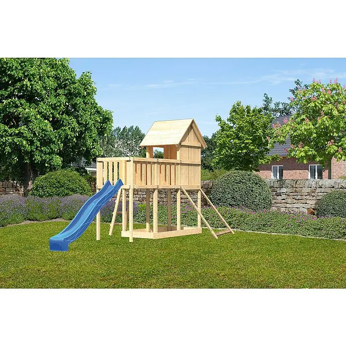 Karibu Kinderspielturm Frieda Set 39 - L x B x H: 107 x 309 x 291 cm, Natur - Holzspielhaus mit Rutsche im Garten. Das Spielhaus bietet Kindern viel Platz zum Spielen und Toben im Freien.