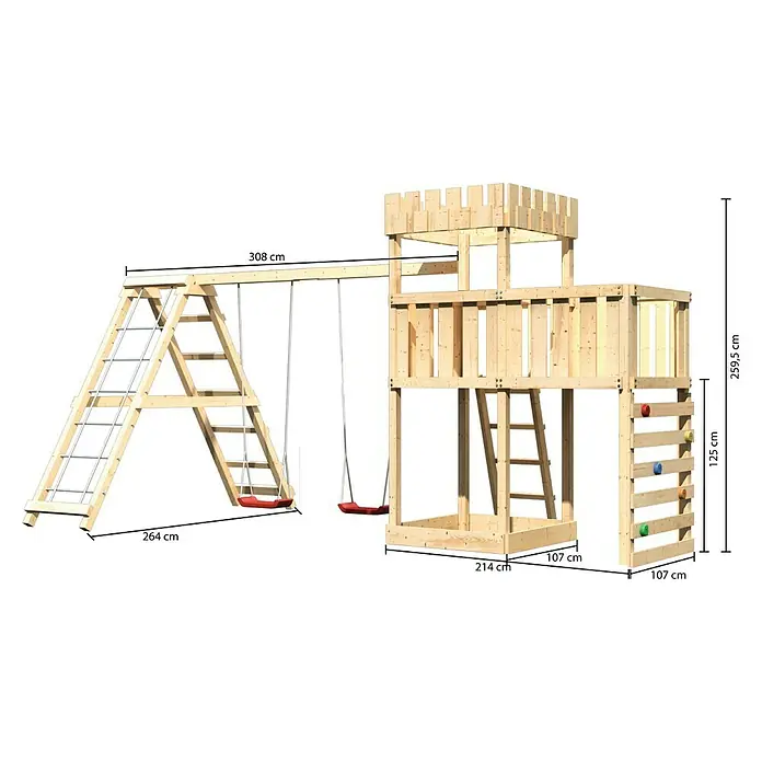 Karibu Kinderspielturm Ritterburg Löwenherz Set 46 - L x B x H: 264 x 522 x 259,5 cm, Natur - Abbildung eines Spielturms mit Schaukel und Kletterwand, inklusive Maßangaben zur Größe des Artikels.