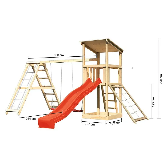 Karibu Kinderspielturm Anna Set 34 - L x B x H: 264 x 415 x 270 cm, Natur - Abbildung eines hölzernen Kinderspielplatzes mit Rutsche, Schaukel und Klettergerüst, mit Maßangaben versehen.