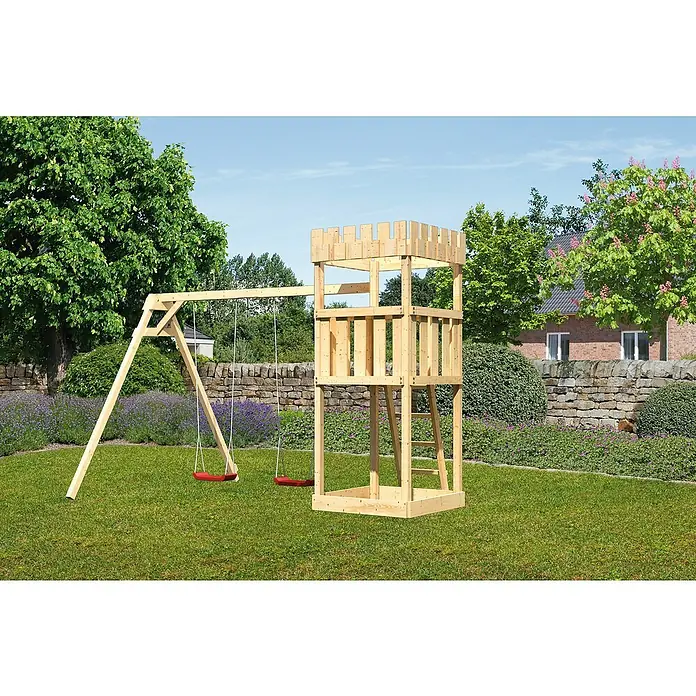 Karibu Kinderspielturm Ritterburg Löwenherz Set 4 - L x B x H: 264 x 347 x 259,5 cm, Natur - Hölzerner Spielturm mit Schaukel und Klettergerüst im Garten. Ideal für Kinder zum Spielen und Austoben im Freien.