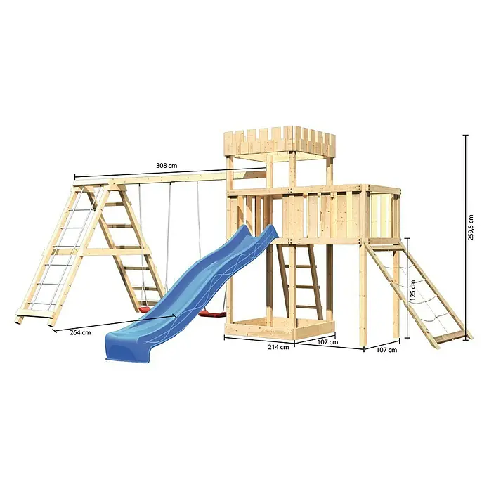 Karibu Kinderspielturm Ritterburg Löwenherz Set 49 - L x B x H: 264 x 522 x 259,5 cm, Natur/Blau - Abbildung eines Kinderspielplatzes aus Holz mit Rutsche, Schaukel und Klettergerüst, ideal für den Garten.