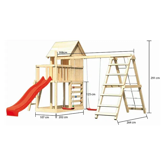 Karibu Kinderspielturm Frieda Set 38 - L x B x H: 264 x 415 x 291 cm, Natur - Bild einer Kinderspielanlage aus Holz mit Rutsche, Schaukeln und Kletterelementen, inklusive Maßangaben.