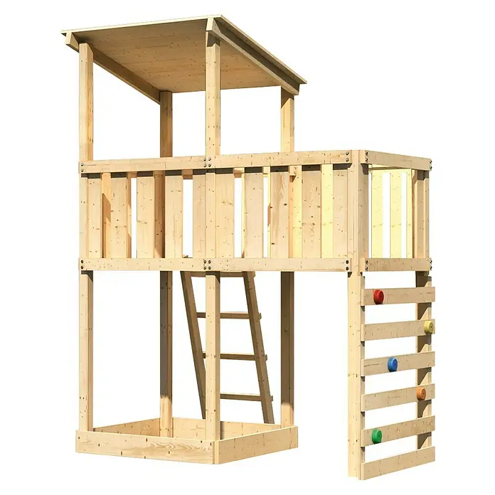 Karibu Kinderspielturm Anna Set 26 - L x B x H: 107 x 214 x 270 cm, Natur - Abenteuerlicher Spielturm aus Holz mit Kletterwand und Leiter für Kinder zum Austoben im Garten.