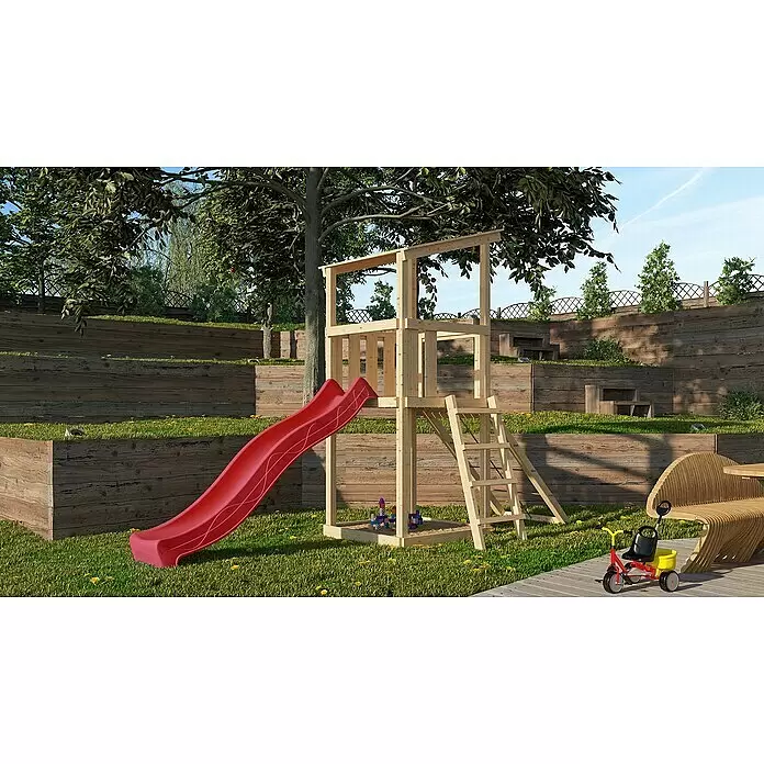 Karibu Kinderspielturm Anna Set 16 - L x B x H: 107 x 107 x 270 cm, Natur - Spielturm aus Holz mit roter Rutsche in einem begrünten Garten mit terrassierten Holzbeeten. Ein Dreirad steht daneben.