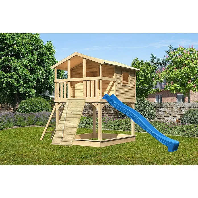 Karibu Spielhaus Benjamin Set 15L x B x H: 244 cm x 198 mm x 309 cm, Holz, Natur - Abenteuerlicher Holzspielturm mit Rutsche und Sandkasten. Ideal für stundenlangen Spielspaß im Garten.