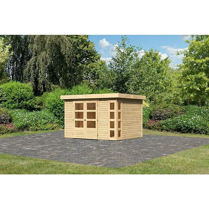 Karibu Gartenhaus Kerko 5 - Außenmaß inkl. Dachüberstand (B x T): 329 x 262 cm, Holz, Natur - Geräumiges Gartenhaus aus Holz mit Doppeltüren und Fenstern, ideal für die Aufbewahrung von Gartengeräten und Möbeln.