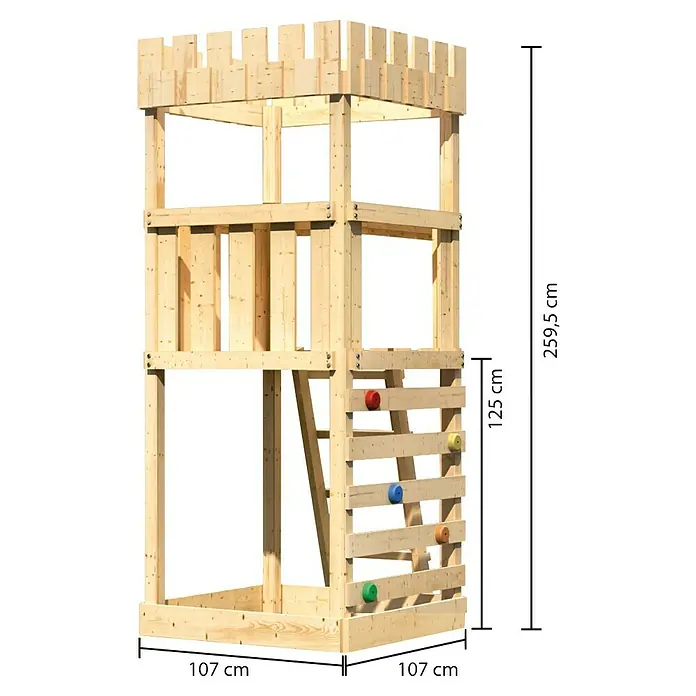 Karibu Kinderspielturm Ritterburg Löwenherz Set 8 - L x B x H: 107 x 107 x 259,5 cm, Natur - Ein hölzerner Spielturm mit Kletterwand. Ideal für Kinder zum Spielen im Freien.