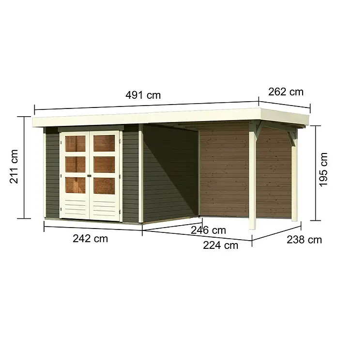 Karibu Gartenhaus Askola 3,5 - Außenmaß inkl. Dachüberstand (B x T): 491 x 262 cm, Holz, Terragrau, Mit Seitendach und Rückwand - Ansicht eines Gartenhauses mit überdachtem Bereich, mit Maßangaben zu Länge, Breite und Höhe.